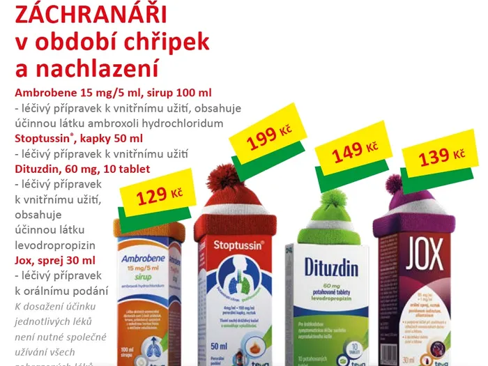 Záchranáři v období chřipek. Ambrobene 129 Kč. Stoptussin 199Kč. Dituzdin 149Kč. Jox 139Kč.